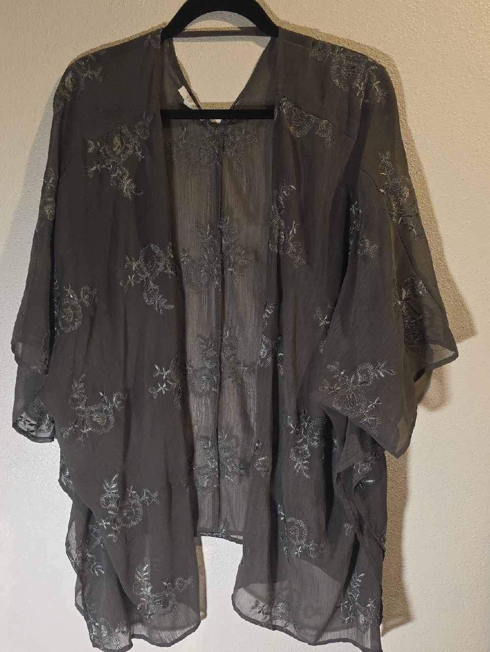 Maurices Sheer Embroidered Kimono in Charcoal Gray